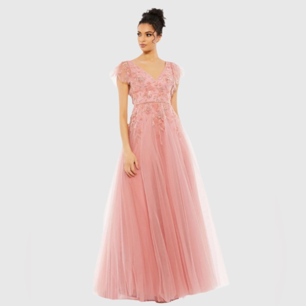 Mac Duggal Pink Embellished Tulle Maxi Gown